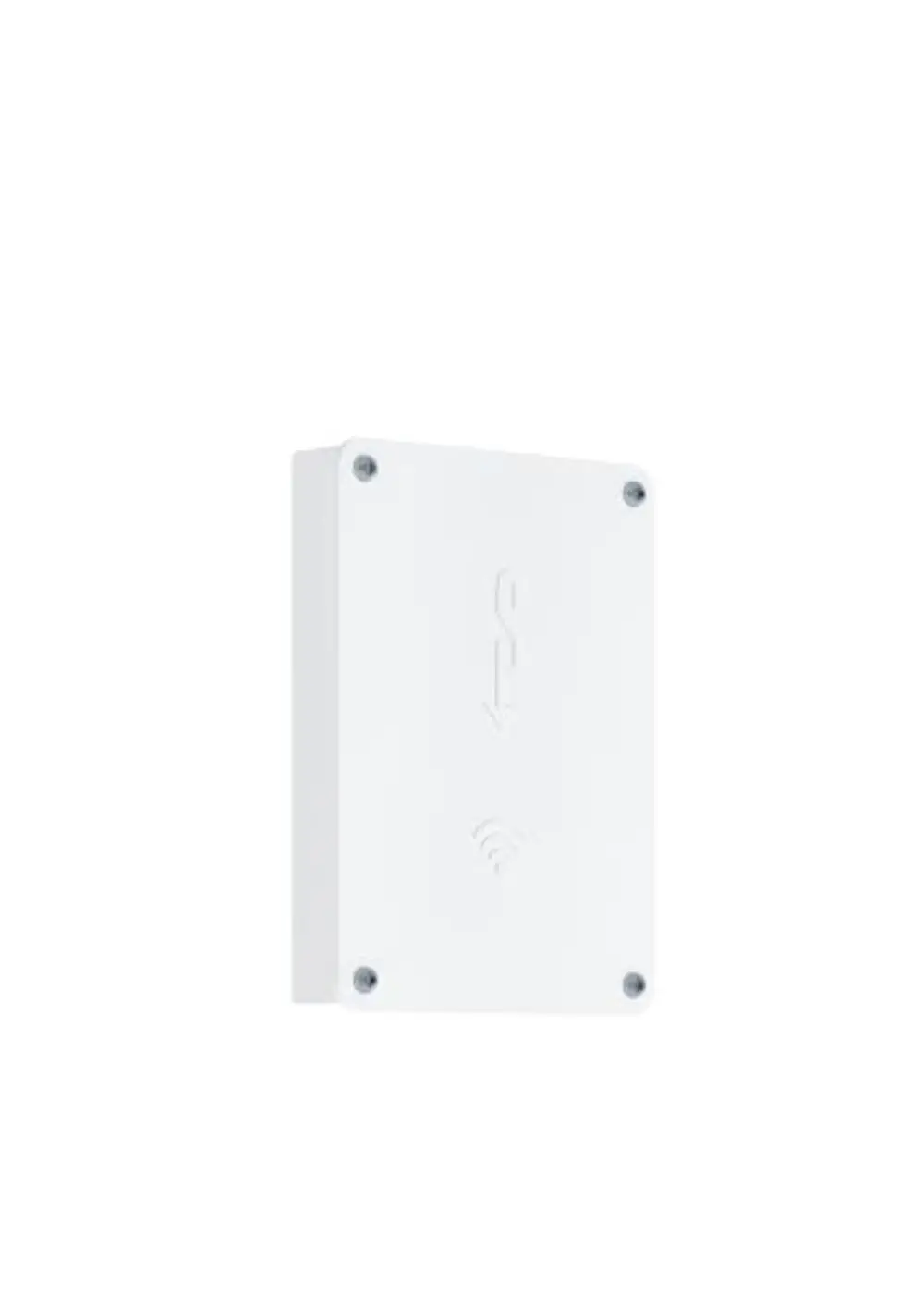 Produktbild: STIEBEL ELTRON zentrale Lüftung WLAN VRC .1, 206611. Weißes Gehäuse mit Schrauben an den Ecken, Logo und WLAN-Symbol.